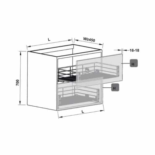Kích thước bộ rổ kéo gắn với cánh Hafele 549.03.146 cho tủ rộng 900mm