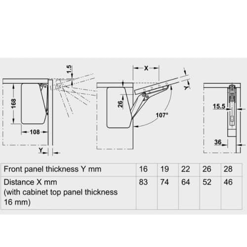Bộ tay nâng FREE FLAP 1.7 Hafele 493.05.832 nắp xám 9 Kích thước bộ tay nâng FREE UP E Hafele 372.29.707 nắp trắng