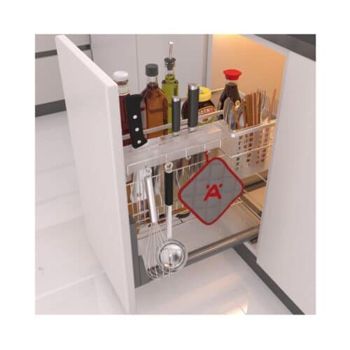 Ảnh thực tế bộ rổ gia vị, dao thớt Hafele Sonata 549.20.019 350mm