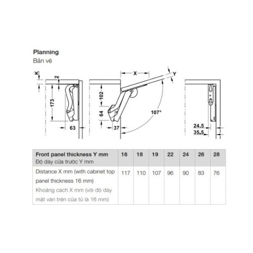 Tay nâng Hafele Free Space 1.11 B 493.05.910 4 Bản vẽ của tay nâng Hafele Free Space 1.11 B 493.05.910
